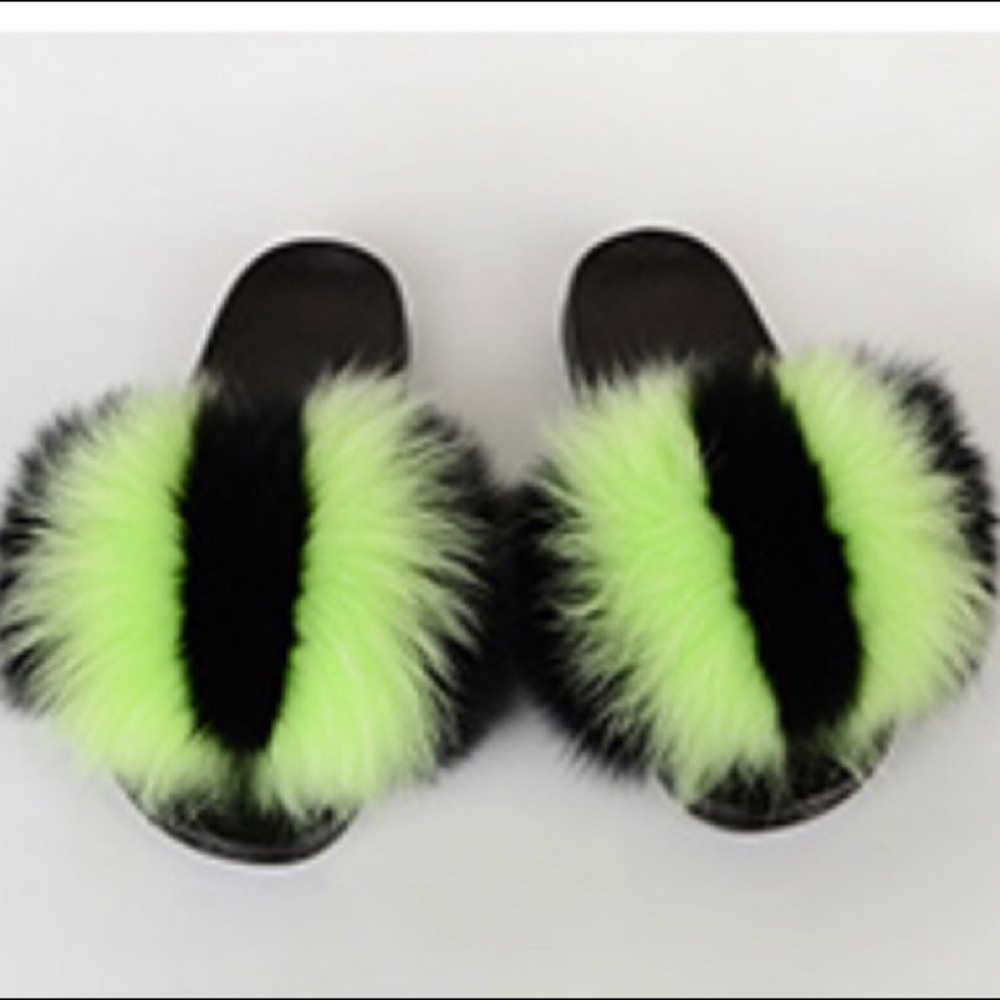 🆕💚🖤LIME GREEN & BLACK100% Real Fur Sandals